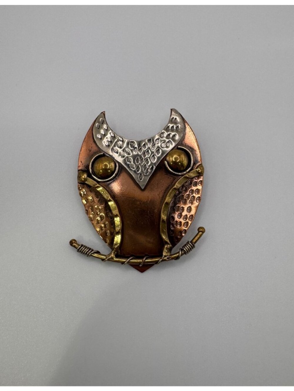 Vintage Brutalist Modernist Owl Pendant Copper Brass Mixed Metal Artisan